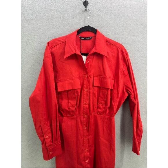 NWT Zara Womens Red Long Sleeve Front Pocket Button Shirt Dress Size Medium - Picture 7 of 10